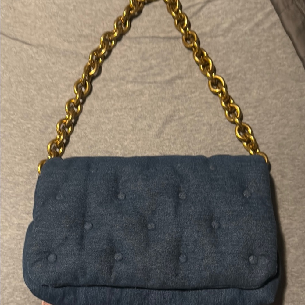Zara Blue and Gold Quilted Shoulder Bag